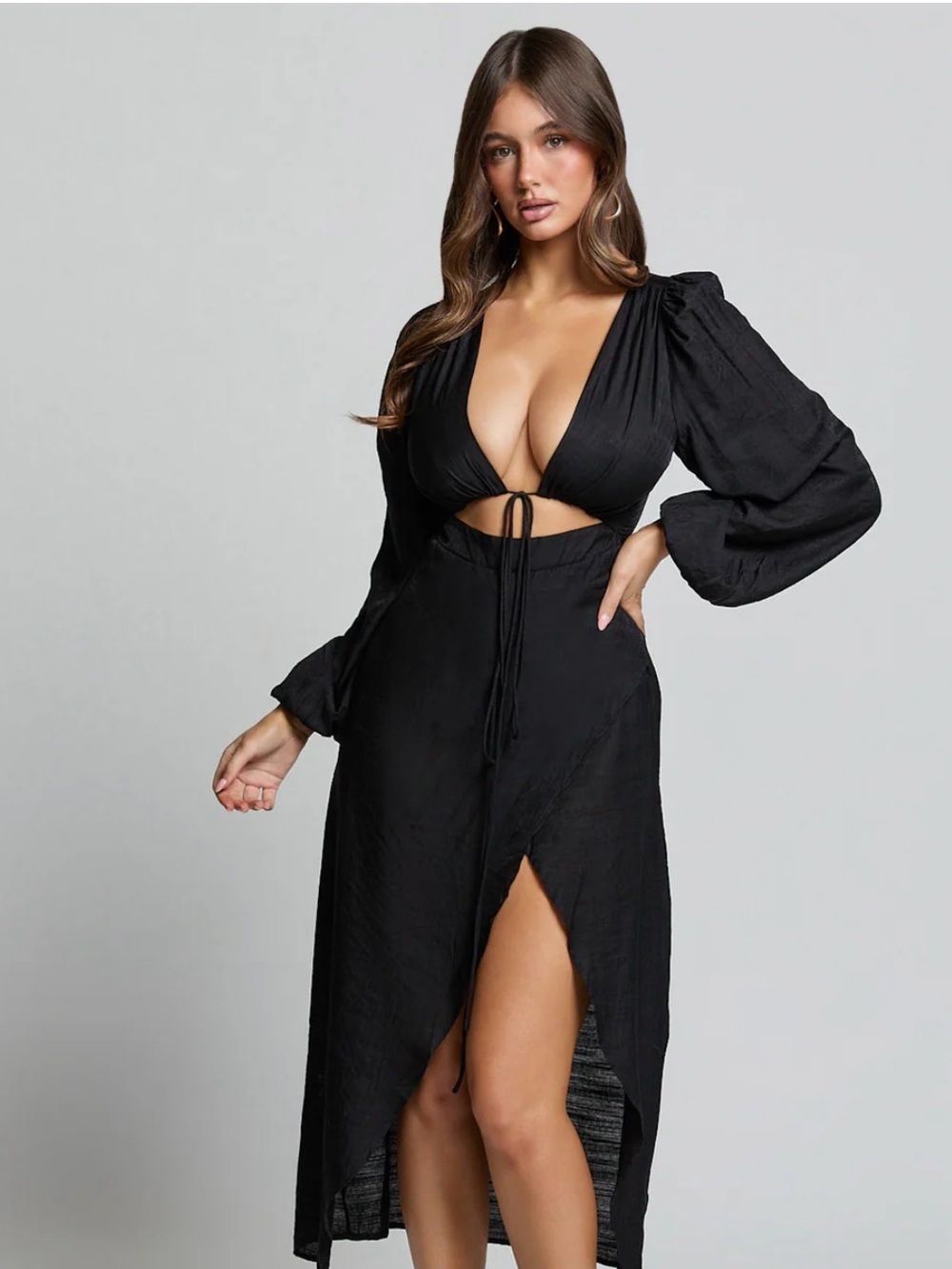 Showpo Demieh Midi Dress Cut Out Wrap Black Lightweight — US 4